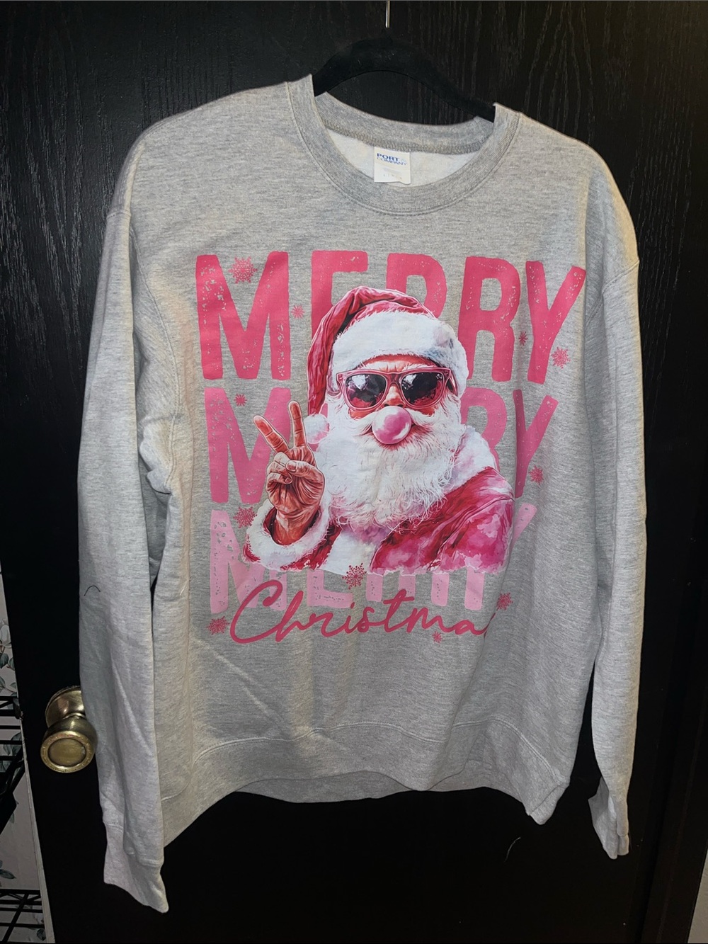 Port and Company Gray Sweatshirt with Pink Santa Graphic NWOT